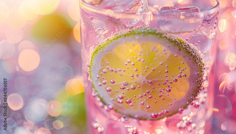 Aufkleber refreshing pink lemonade with lime slice and ice cubes in a glass against a colorful bokeh backgroun