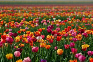 Vibrant Field of Diverse Blooming Tulips Stretched to the Horizon