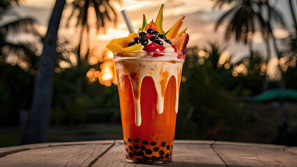 Thai tea, tall, plastic glass, no cover