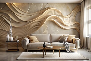 Abstract wall installation, taupe sofa, glass table, cozy pillows, neutral palette