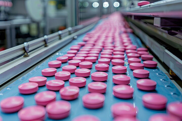 Obraz premium Macro Shot of Pink Pills During Production and Packing Process on Modern Pharmaceutical Factory 
