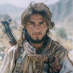 Obraz premium a man with a beard and a rifle in the mountains