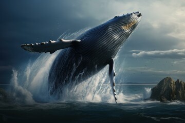 Fototapeta premium Enchanting sight of a humpback whale emerging from the sea with a dramatic evening sky