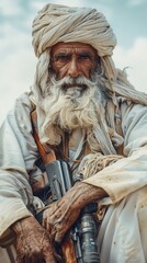 an old man with a white beard and turban sitting on the ground