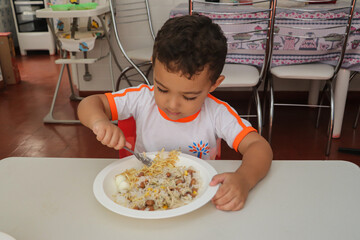 small boy eating nutritious dish in home environment
