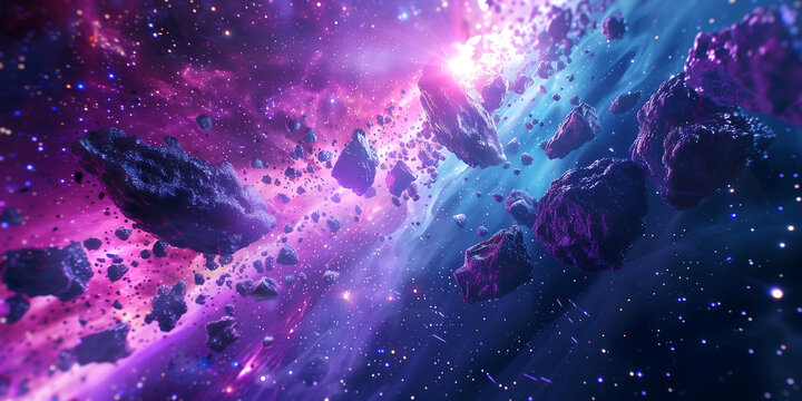 Neon space scene. Asteroid space background, cosmos game meteorite. Video game retro asteroid field