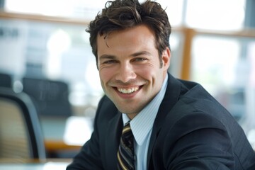 Confident Professional Banker Smiling in Modern Office Setting