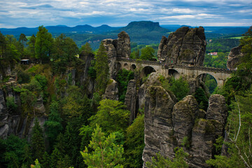The famous sandstone Bastei Bridge in Saxony, Germany