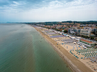 Italy, 09 June 2024: panoramic aerial view of the sea and the velvet beach of Senigallia in the...