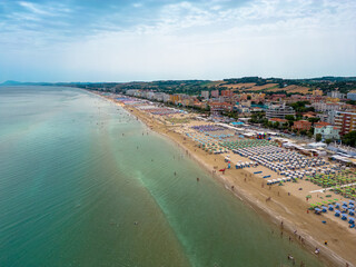 Italy, 09 June 2024: panoramic aerial view of the sea and the velvet beach of Senigallia in the...