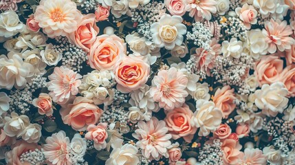 Artificial Flowers Wall for Background in vintage style, Flower Drawing
