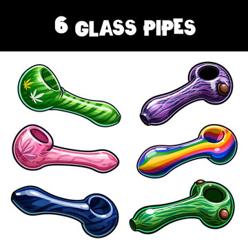 Vector Illustrated Set of 6 Glass Pipes Green, Purple, Rainbow, Pink, Blue Set