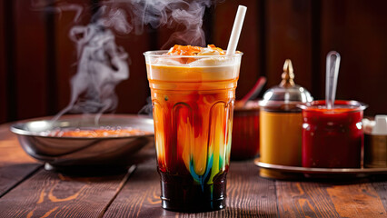Thai tea, tall, plastic glass, no cover