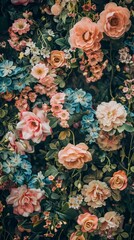 Artificial Flowers Wall for Background in vintage style, Flower Drawing