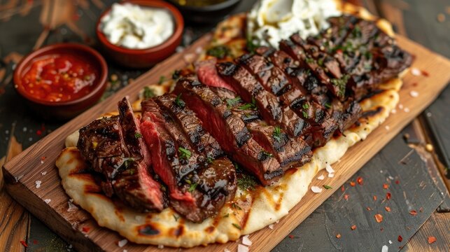 Steak on a flatbread with condiments on a serving platter