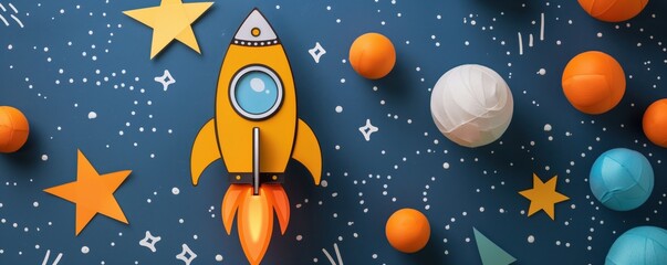 Fototapeta premium Colorful rocket ship amidst stars and planets, representing creativity, exploration, and childhood dreams of space travel.