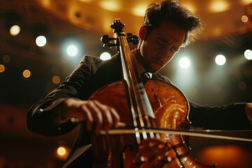 Fototapeta premium Cinematic shot of Male Cellist Playing Cello Solo on an Empty Classic Theatre Stage with Dramatic Lighting. Professional Musician Rehearsing Before the Start of a Big Show with Orchestra 