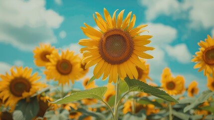 Obraz premium Sunflowers in front of a backdrop of a blue cloudy sky Scenery featuring a sunflower field against the backdrop of clouds