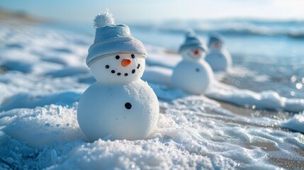 Obraz premium A snowman is standing on the beach with two other snowmen behind him