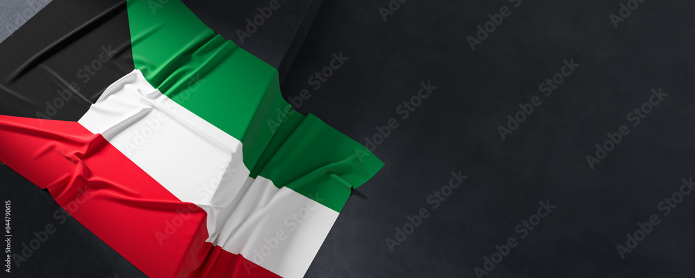 Wall mural flag of kuwait. fabric textured kuwait flag isolated on dark background. 3d illustration - Wall murals