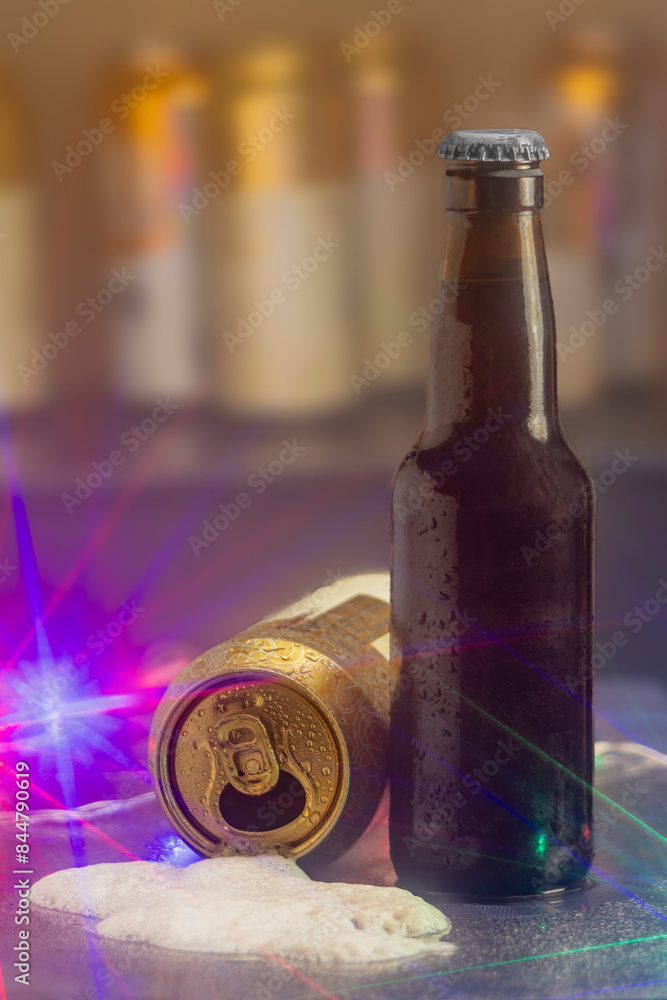 Wall mural Can and glass of beer with foam on background and colored lights