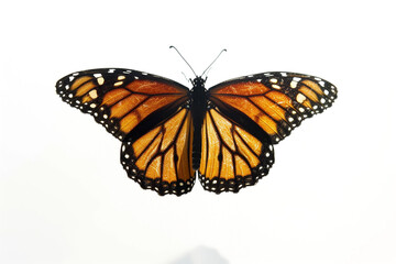 A monarch butterfly in the bottom center, with a delicate shadow, against a white backdrop