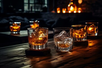 Warm ambiance in a dimly lit room showing glasses of whiskey over ice