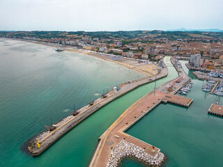 Italy, 09 June 2024: panoramic aerial view of the sea and the velvet beach of Senigallia in the province of Ancona Marche