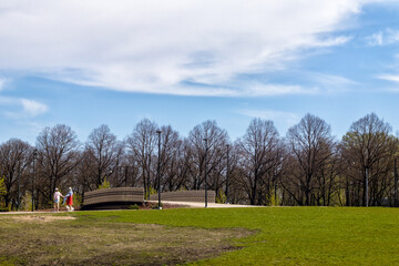 Obraz premium A bridge in a park with human silhouettes and trees in the background