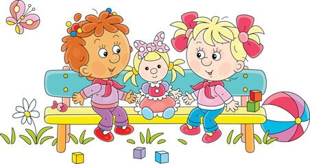 Happy little girl playing with her funny toy doll on a colorful small bench in a park on a warm summer day, vector cartoon illustration isolated on a white background