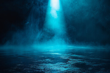 Dark empty scene, blue neon searchlight light, wet asphalt, smoke, night view, rays
