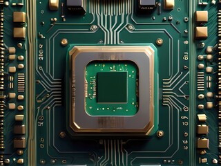 Fototapeta premium a close up of a CPU chip on a printed circuit board. Reflection of the chip on the substrate. Circuit.