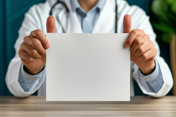 A healthcare professional in a white coat holds a blank white sheet of paper for writing notes or messages with empty space for copying, message, health care announcement. mockup.