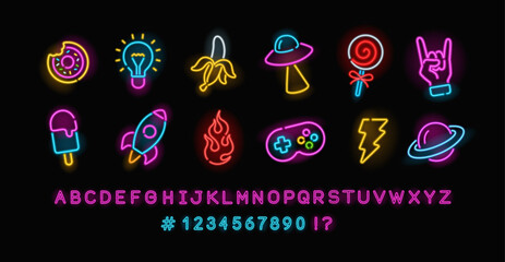 Perfect Neon Sign set 12 on black background. Editable neon icons set of Pop art glowing signs, Rock, Rocket, Game, etc. Neon Font Type night sign, a glowing light banner for club or bar party © VRTX
