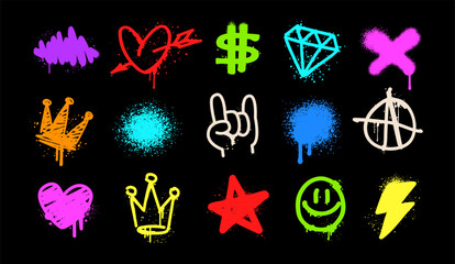 Rock doodle symbols of Street Art Graffiti elements: heart, diamond, star, rock, crown - colorful vector on black background. Graffiti and Rock n Roll Doodle icons and elemets in street art  style (3) © VRTX