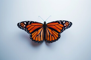 A monarch butterfly in the top middle, perfectly aligned, against a white backdrop