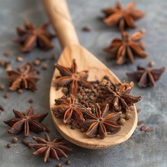 anise star spice for baking in wooden spoon on concrete table
