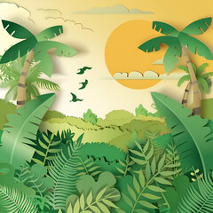 Realistic summer background with vegetation in paper cut style