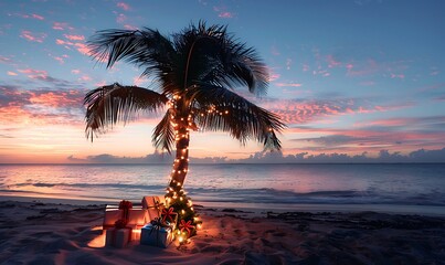  A palm tree is adorned with Christmas decorations at sunset on a beach. The tree is lit with a string of lights.