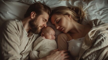 parents and baby sleeping together in the double bed generative ai