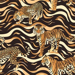 Obraz premium Animal skin tiger ,and cheetah,lepard in safari mood in the wave way seamless pattern in vector 