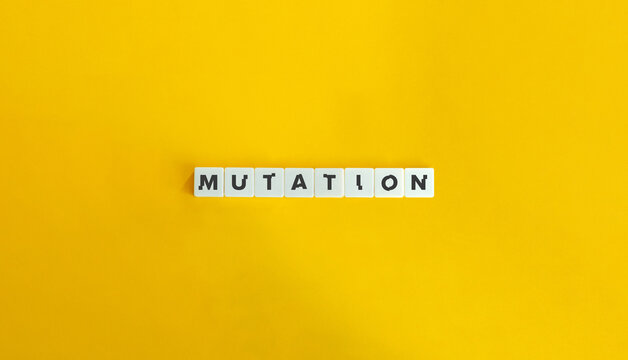 Mutation Word and Banner. Change in the Nucleotide Sequence of an Organism's DNA. Cancer Genomics. Text on Block Letter Tiles on Yellow Background. Minimal Aesthetics.