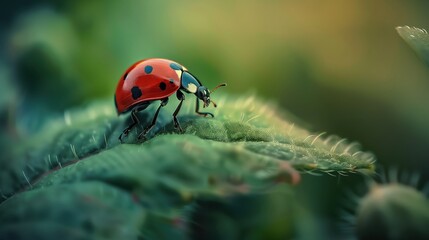 Close-up of a vibrant red ladybug exploring a green leaf in a natural garden setting during spring. Macro photography with beautiful bokeh background.