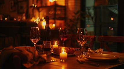 table in a night atmosphere, illuminated by a warm light, creating a cozy and elegant atmosphere. generative ai