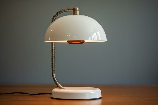 Modern white desk lamp with a flexible neck on a wooden table, providing soft light - Powered by Adobe