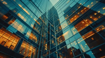 Glass office building with illuminated windows at dusk.