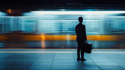 Obraz premium Lonely businessman with briefcase stands on subway platform as train rushes by, capturing the essence of city living