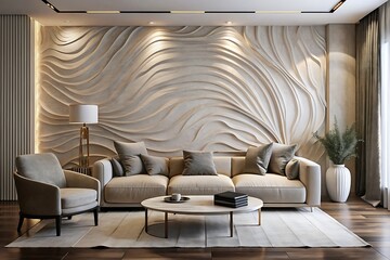 Fototapeta premium Ivory wall sculpture, gray seating, wooden tables