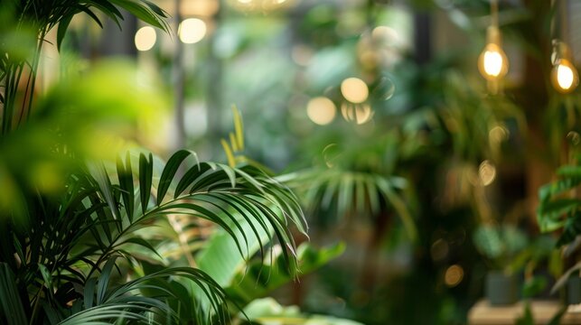 The muted background of a bustling indoor jungle with hints of vibrant greens and exotic plants adding a tranquil touch to the bustling scene. .