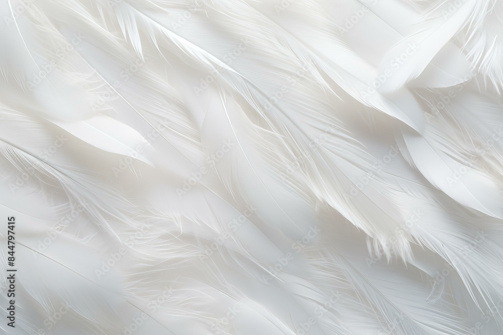 Poster elegant white feathers arranged in a soft, flowing pattern, creating a tranquil texture